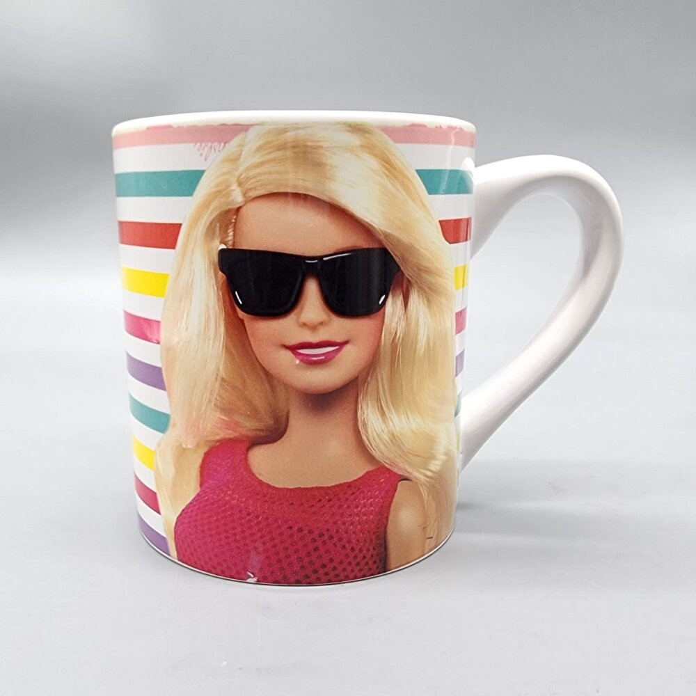 Barbie Ceramic Mug 14oz Rainbow Stripes Mattel 2017 Coffee Cup